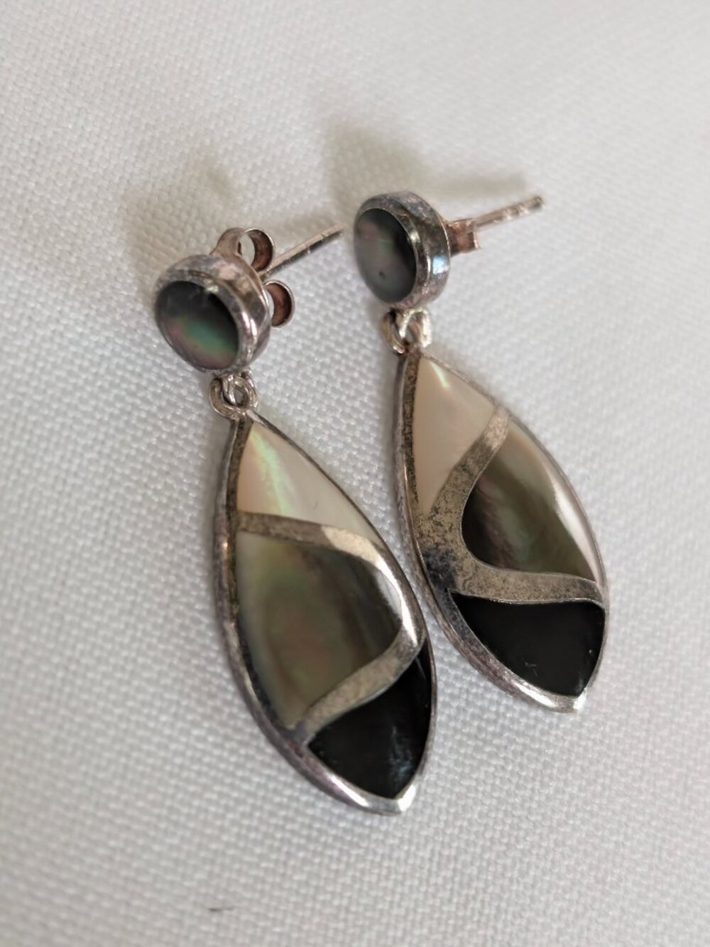 Abalone Onyx Mother of Pearl Inlay Wave Sterling Silver Earrings